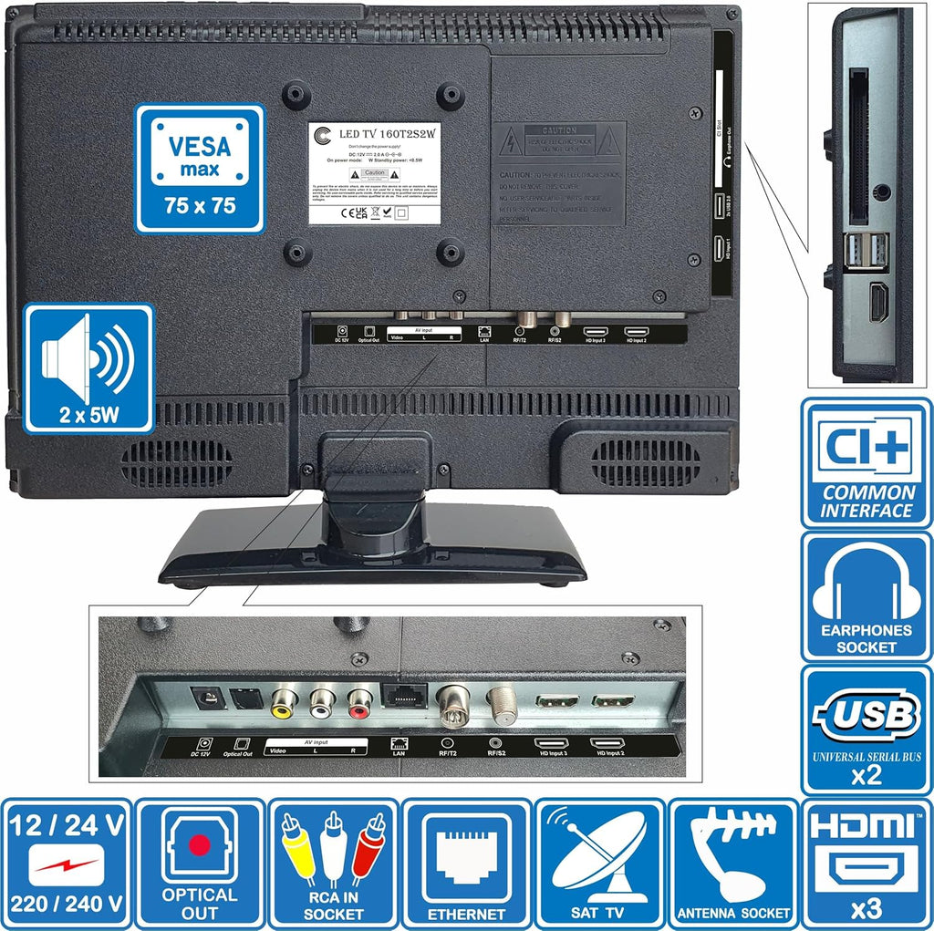 Smart TV Unispectra® de 16” (webOS) Full HD 230V 24V, triple sintonizador: satélite, antena, televisión por cable, 3xHDMI, 2xUSB, Magic Remote. Televisor de 12V para autocaravanas, caravanas, camiones, furgonetas y barcos.