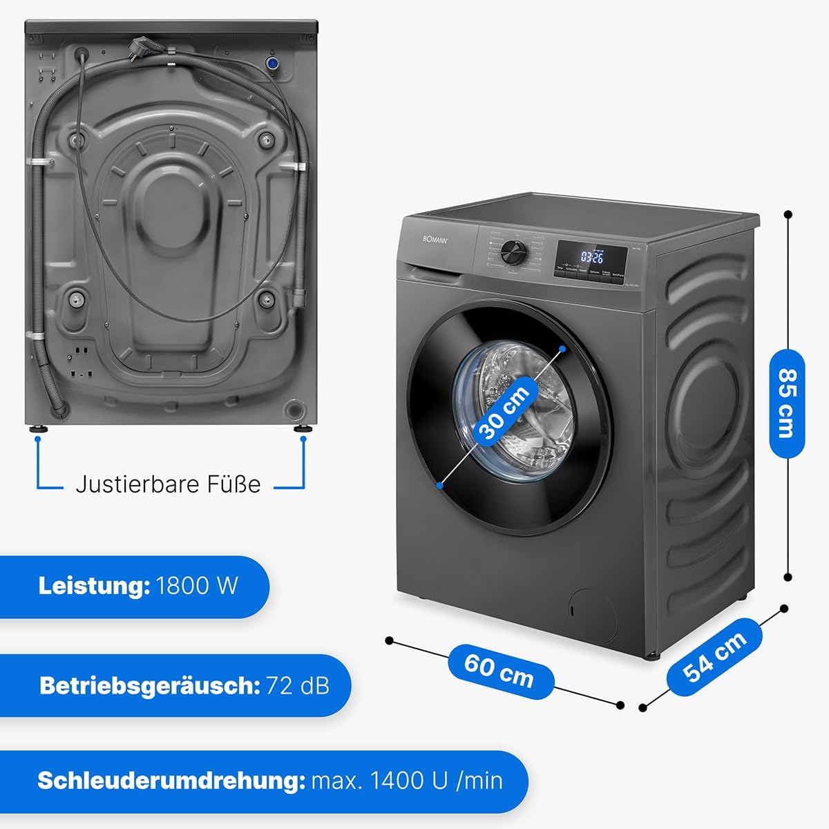Lavadora Bomann® 8kg | máx. 1400 r.p.m. | 10 años de garantía en el motor | motor inverter robusto, silencioso y duradero | 15 programas de lavado | pantalla LED | con función de vapor | WA 7185 Titan - Negro
