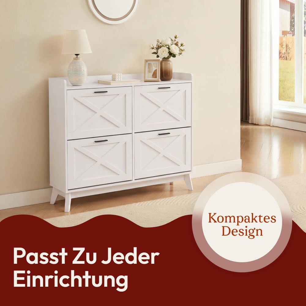 Zapatero CASABEL con 4 trampones, frentes con patrón de cruz, blanco, diseño funcional, gran capacidad para 24 pares, mueble práctico para recibidor o salón, 114x24x83 cm