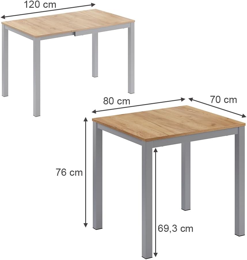 Mesa de comedor Vicco Granny, roble/gris, 120 x 70 cm extensible, con función de extensión para longitudes de mesa variables