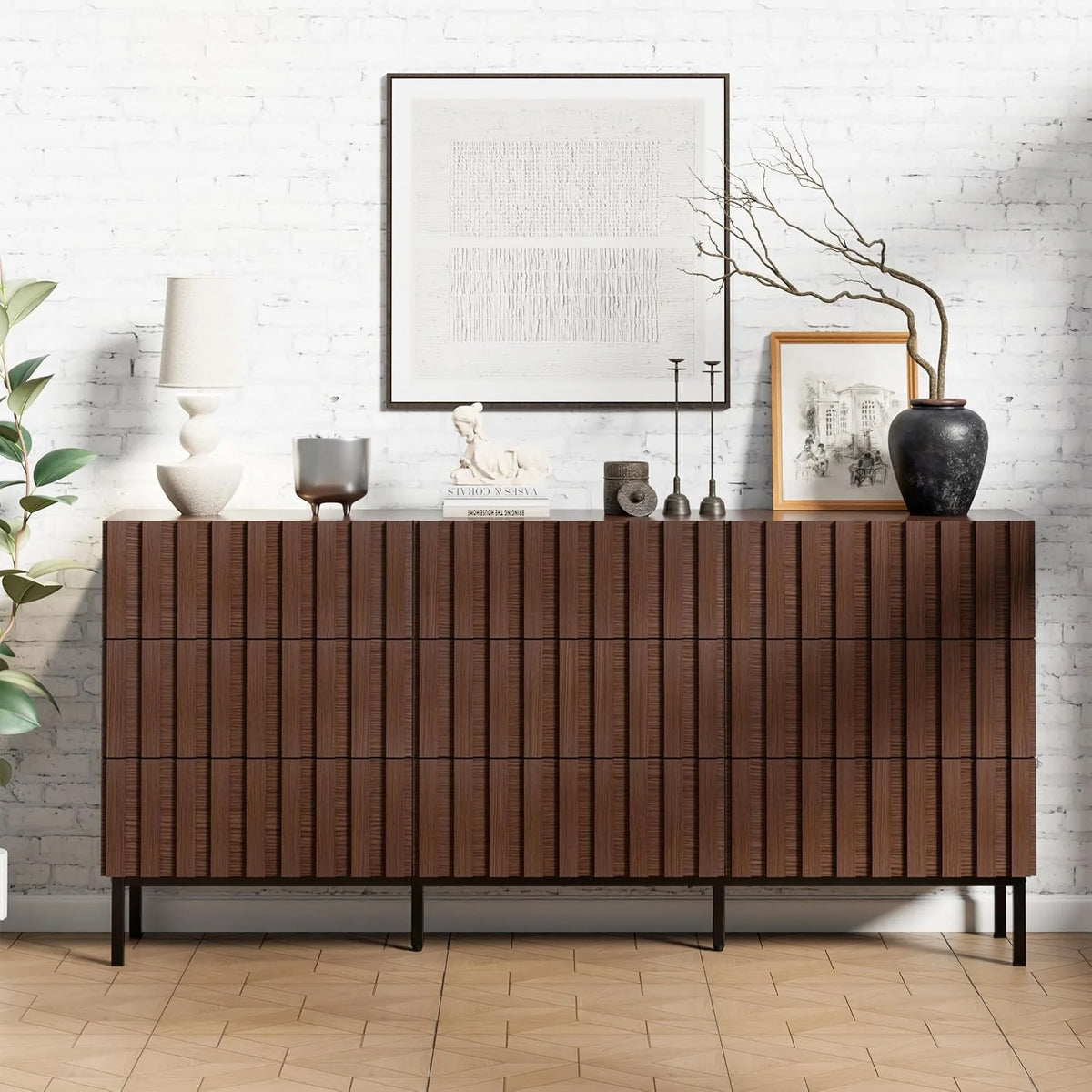 UEV Komoda z 9 szufladami 150 cm, wąska komoda, duża przestrzeń do przechowywania, szafa z dużym sufitem, do salonu, sypialni, biura, metalowych nóżek, 150 x 34 x 72 cm, orzech