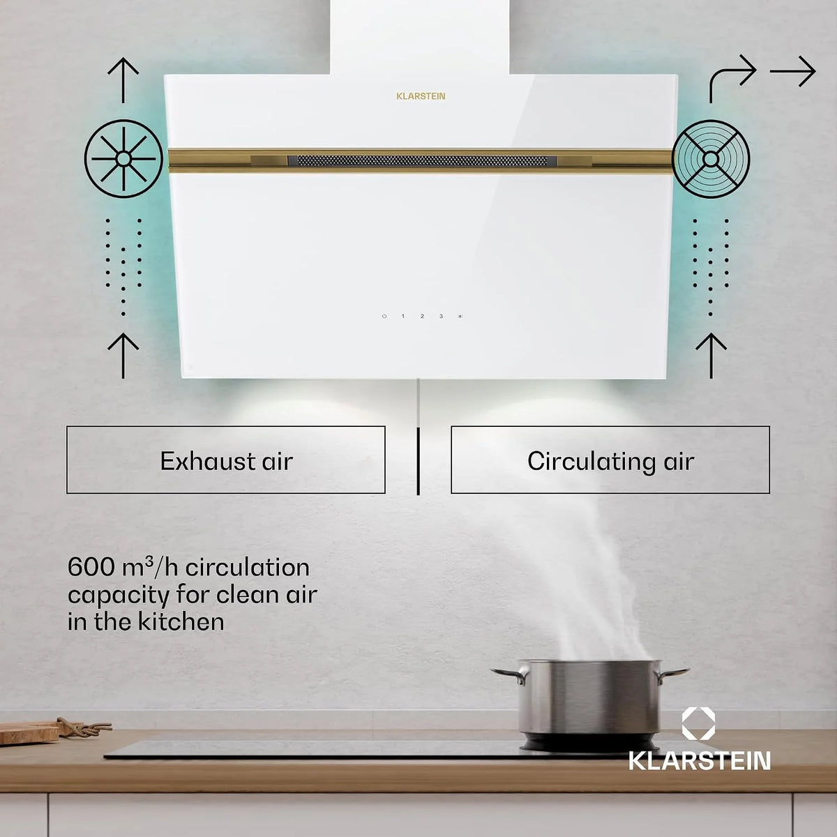 Klarstein Alina Okap kuchenny przyścienny – 60 cm, przepływ 600 m³/h, sterowanie dotykowe, klasa energetyczna A, podświetlenie LED w 9 kolorach, cichy 52 dB, biało-złoty, opcja recyrkulacji