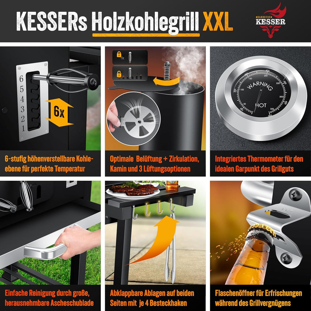 KESSER® Barbacoa de carbón XXL, carro de barbacoa con tapa y termómetro – gran carro de barbacoa de carbón, ahumador con chimenea y ventilación, con rejilla de cocción, rejilla de calentamiento y estante, incluye funda, cepillo y brocha