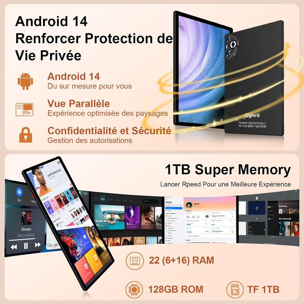 Tableta Android 2025, 22(6+16) GB RAM+128GB ROM/TF 2TB, 8 núcleos, 8000mAh, GPS, Face ID, Widevine L1, BT5.0, 8MP+5MP, WLAN 6, control parental, tableta con ratón-Negro