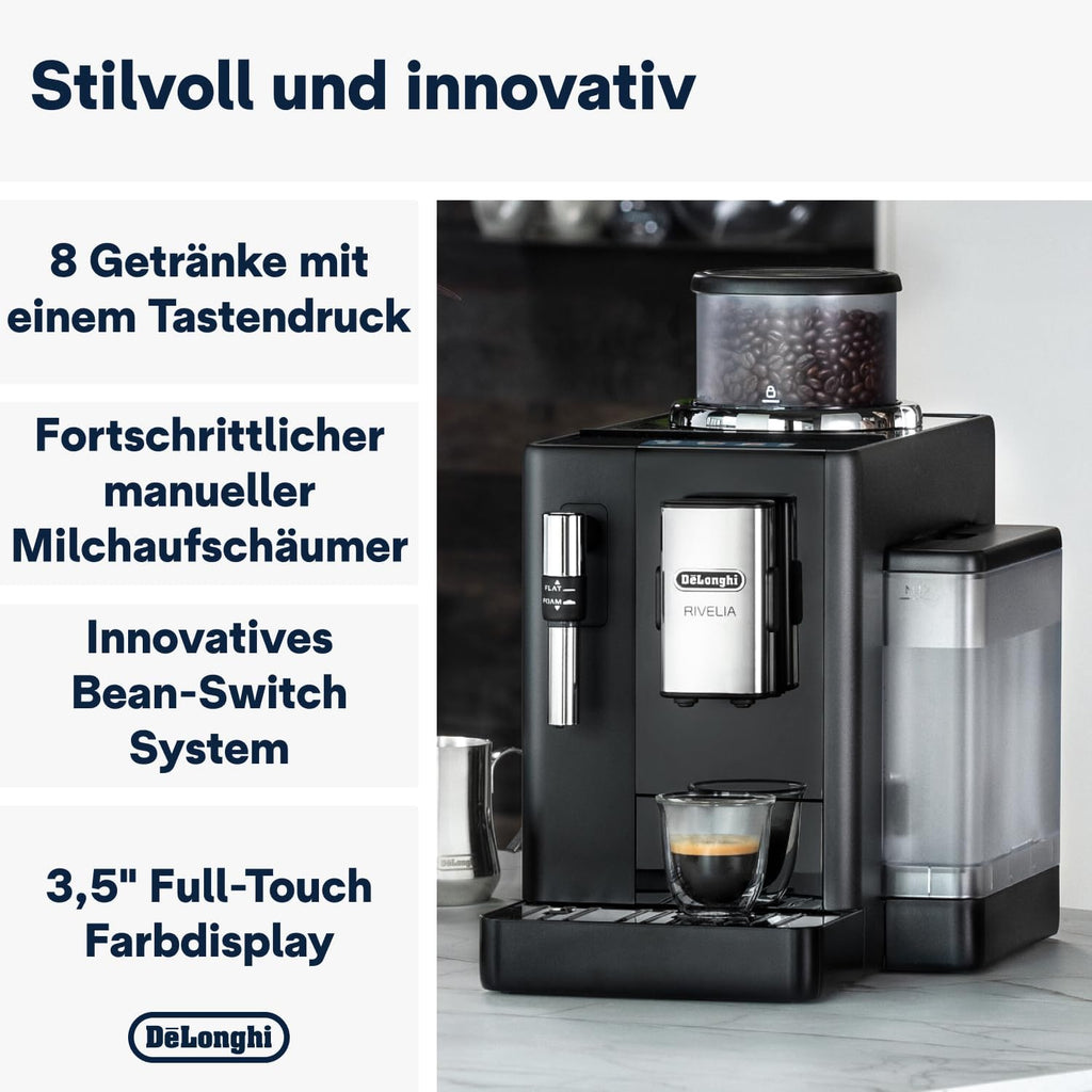 De'Longhi Rivelia EXAM440.35.B, Cafetera superautomática, granos recién molidos, contenedor de granos intercambiable, espumador de leche clásico, 8 recetas, pantalla táctil a color, negro