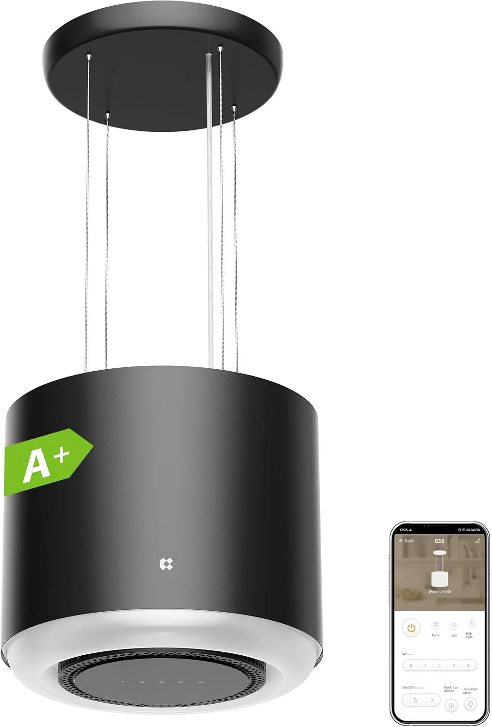 Ciarra CBCB4838 A+ okap wyspowy, wolnowiszący, 550 m³/h, z aplikacją Smart Wi-Fi, 4-stopniowy Booster, okap kuchenny, wyspa, żyrandol, wyspa kuchenna, kolor czarny