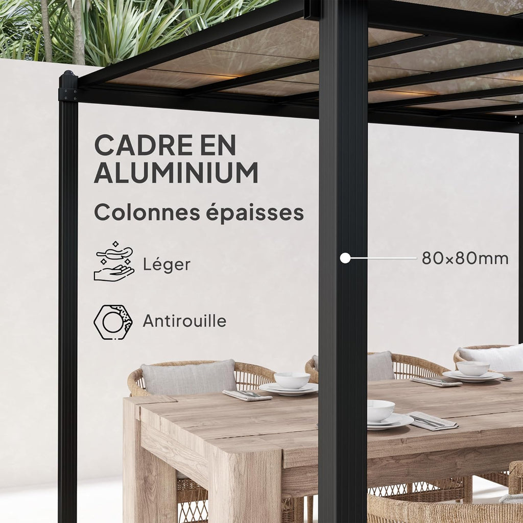 Pérgola de jardín Outsunny para exteriores de aluminio, 3 x 3 m, pérgola adosada con techo de policarbonato impermeable, sistema de drenaje, cenador con protección solar UPF30+ para terraza, patio y jardín, gris
