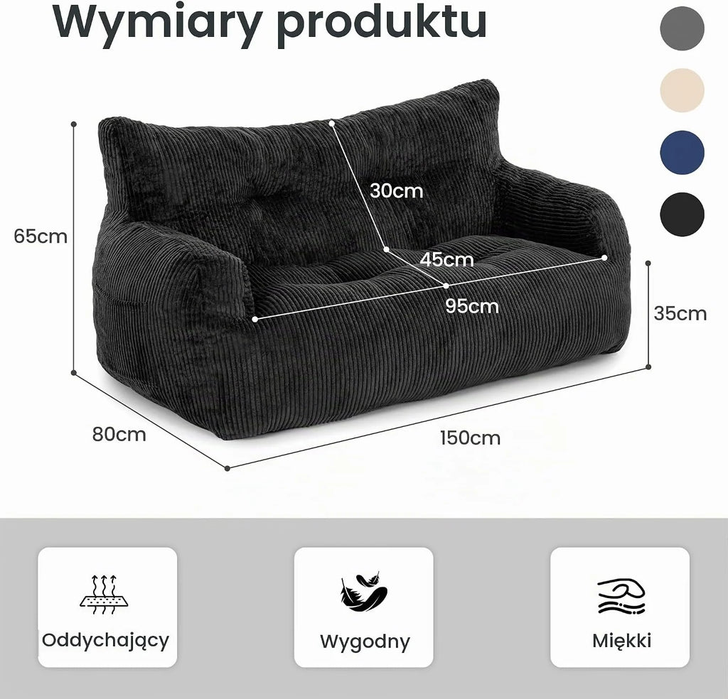 Pamapic Puf dla dorosłych z wypełnieniem, podwójny fotel wypoczynkowy z przenośnym uchwytem, ergonomiczny, nowoczesny, puf do użytku wewnątrz do salonu, sypialni, pokoju zabaw, czarny