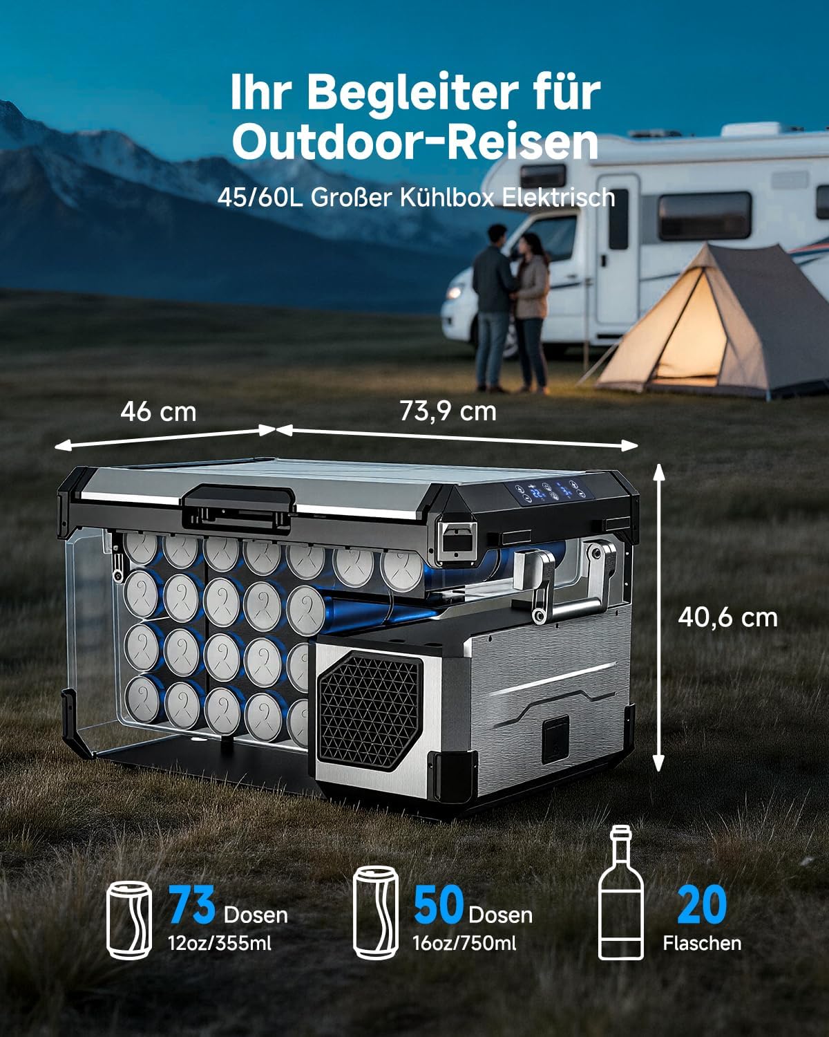 AAOBOSI Nevera de compresor de 45L con doble zona hasta -20℃, carcasa de acero inoxidable e interior de aluminio, 12/24V DC y 230V AC, nevera de compresor para coche, barco, camping y todoterreno