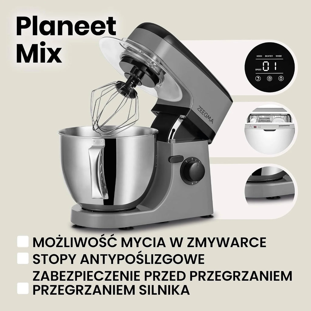 ZEEGMA PLANEET MIX Robot Planetarny 1800 W, Wielofunkcyjny Robot Kuchenny z Misą 5L z Uchwytem i Pokrywką, 8 Prędkości Pracy, 3 Narzędzia Miksujące Panel Dotykowy (Srebrny)