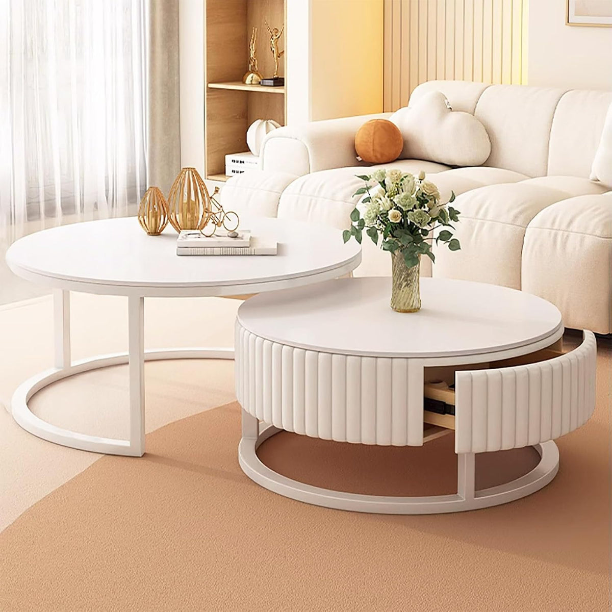 Juego de 2 mesas de centro redondas blancas de 50+70 cm, mesa de salón blanca, mesa de centro redonda con espacio de almacenamiento, mesa auxiliar de mármol, estructura de metal estable, mesas nido para salón, fácil montaje para dormitorio y oficina