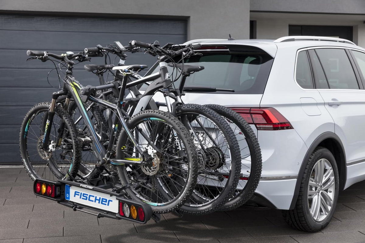 Portabicicletas de enganche Fischer ProlineEvo 2, para 2 bicicletas hasta 60 kg de carga útil, apto para bicicletas eléctricas, premontado, bloqueable, plegable