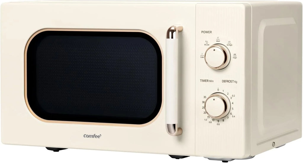 COMFEE ' CMO-M202NC(CM) Elegancka Vintage Retro Kuchenka mikrofalowa z 5 poziomami mocy, 700 W, 20 l, regulowany timer 0-35 min, proste sterowanie, oświetlenie wewnętrzne, krem morelowy