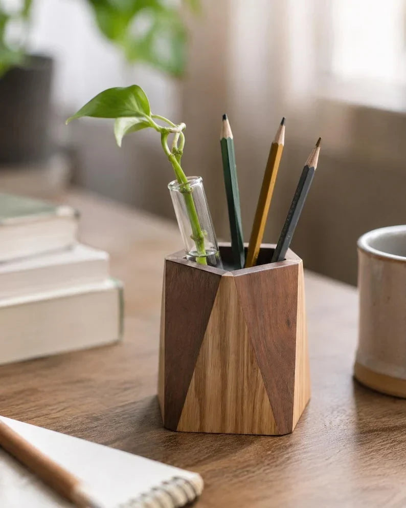 Portalápices geométrico de madera de nogal, organizador de escritorio abierto para artículos de papelería