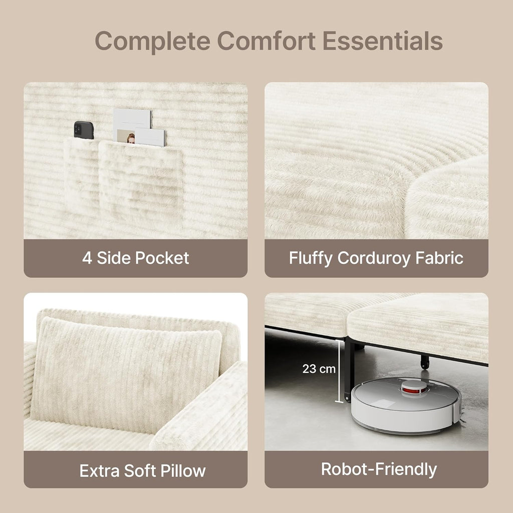 Sillón cama 3 en 1 Xbro con función de descanso, sofá cama individual extraíble, sofá cama con función de descanso, sillón cama de pana con cojín, sofá plegable para salón, dormitorio, beige