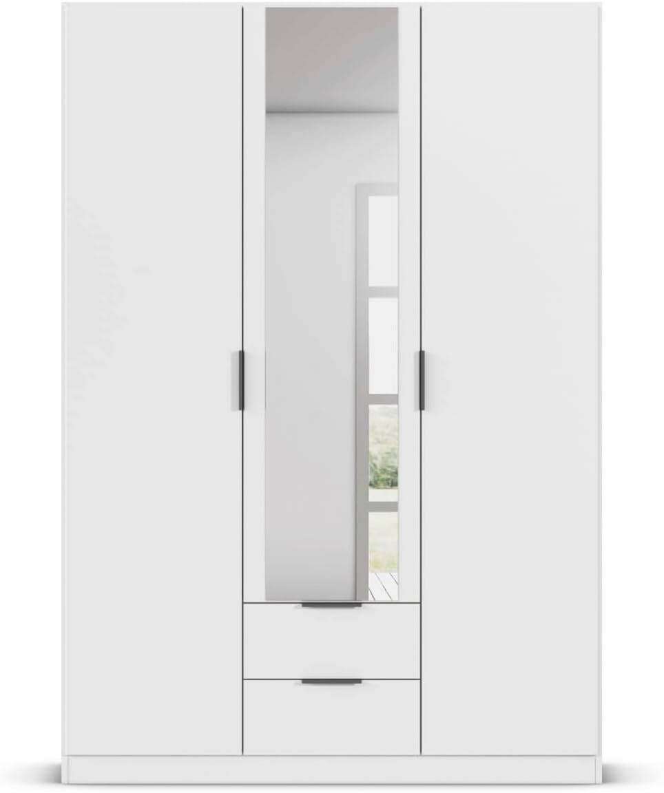 Rauch Möbel Lagoa, armario, ropero para dormitorio, habitación infantil, habitación juvenil, 3 puertas con espejo, 2 cajones, con accesorios básicos, color blanco, ancho 136 cm