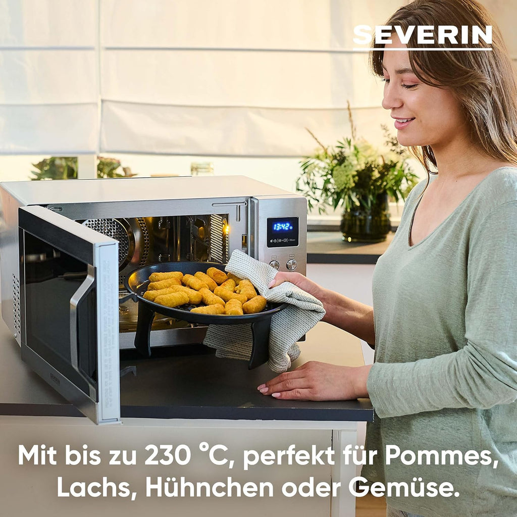 Microondas 4 en 1 SEVERIN "Crispy Wave", función de convección hasta 230 °C, freidora de aire, microondas, horno y grill, temporizador de 95 min, potencia máx. 2150 W, 25 L, plata/acero inoxidable, MW 7982