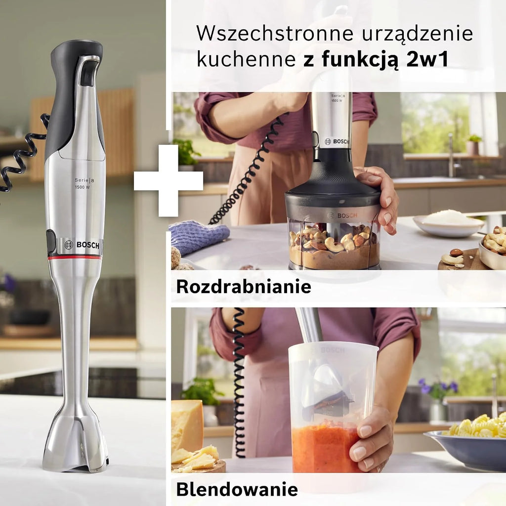 Bosch, blender ręczny, ErgoMaster Serie 8, silnik 1500 W, intuicyjna regulacja prędkości, 6-ramienne ostrze, akcesoria w zestawie, stal nierdzewna, MSM8M930