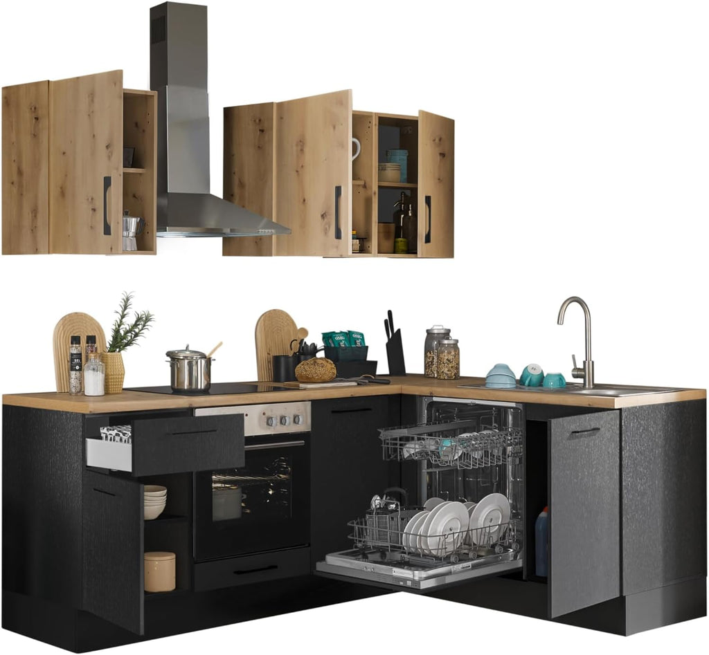 Cocina en L Turin 220 x 211 x 60 cm, negro - Sin electrodomésticos - Cocina moderna y espaciosa con aspecto de roble artesano y gran capacidad de almacenamiento