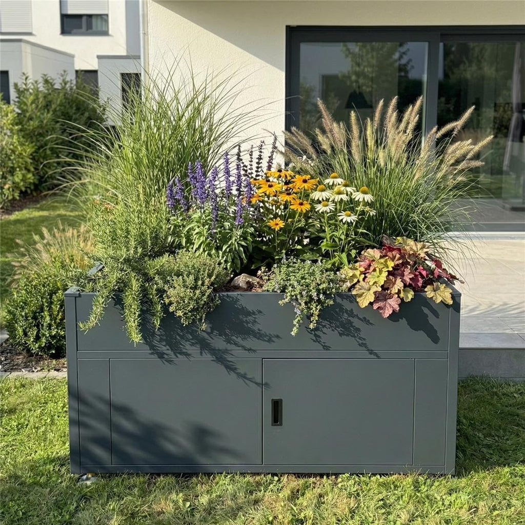 Cama elevada Metzler para jardín con espacio de almacenamiento – Acero con recubrimiento en polvo en color antracita RAL 7016 | Cama de cultivo metálica resistente a la intemperie, huerto, jardinera elevada | 160 x 85 x 50 cm