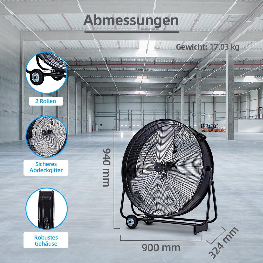 Ventilador industrial Be Cool 75 cm BCIWM75CM – Ventilador de tambor móvil, Ø 75 cm (30"), 300 vatios, motor de cobre puro, 2 velocidades, aspas de aluminio, rejilla de protección tipo telaraña, negro
