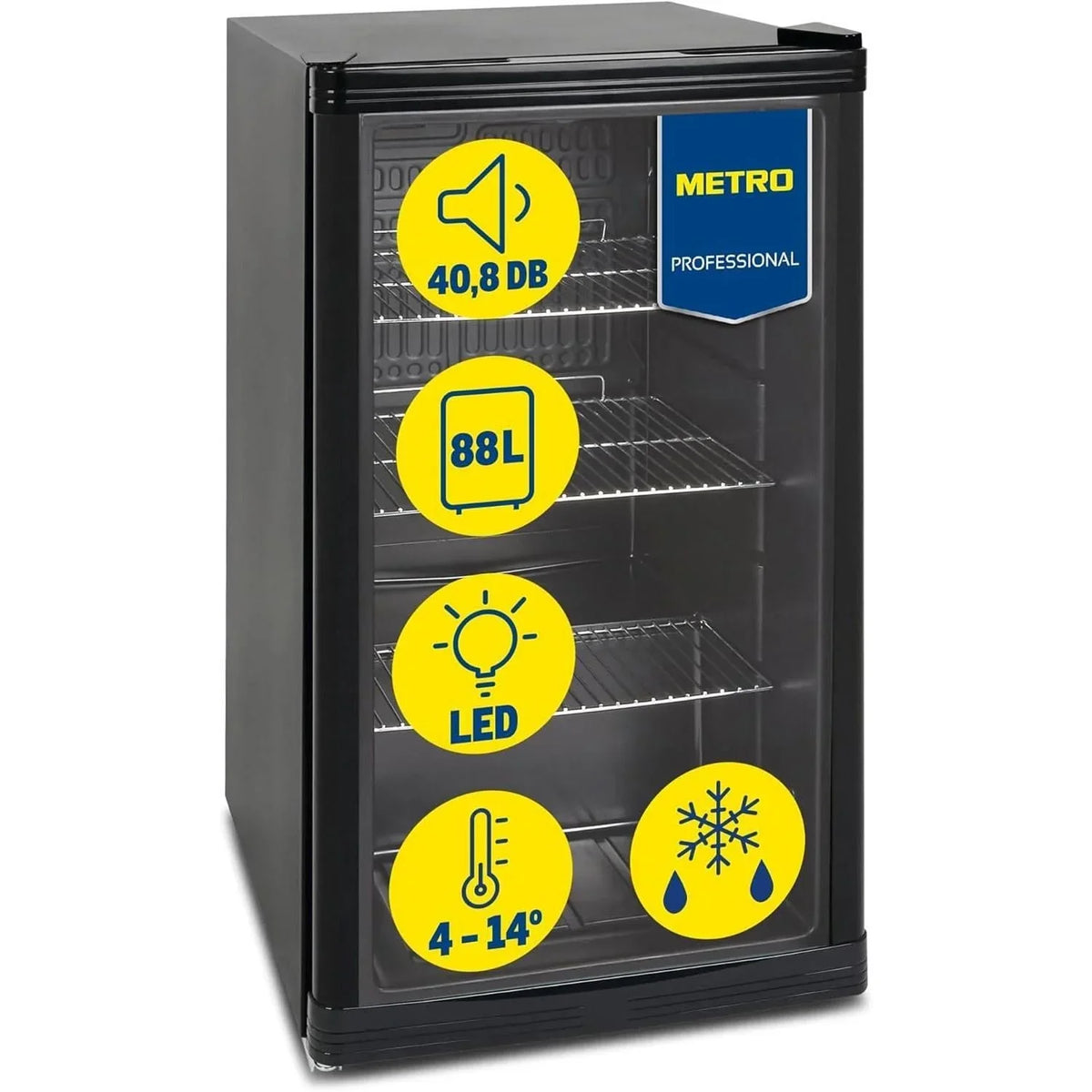 Mininevera METRO Professional GPC1088 88L 1,052 kWh/24h 3 estantes de acero inoxidable puerta de cristal reversible 39dB LED clase energética D