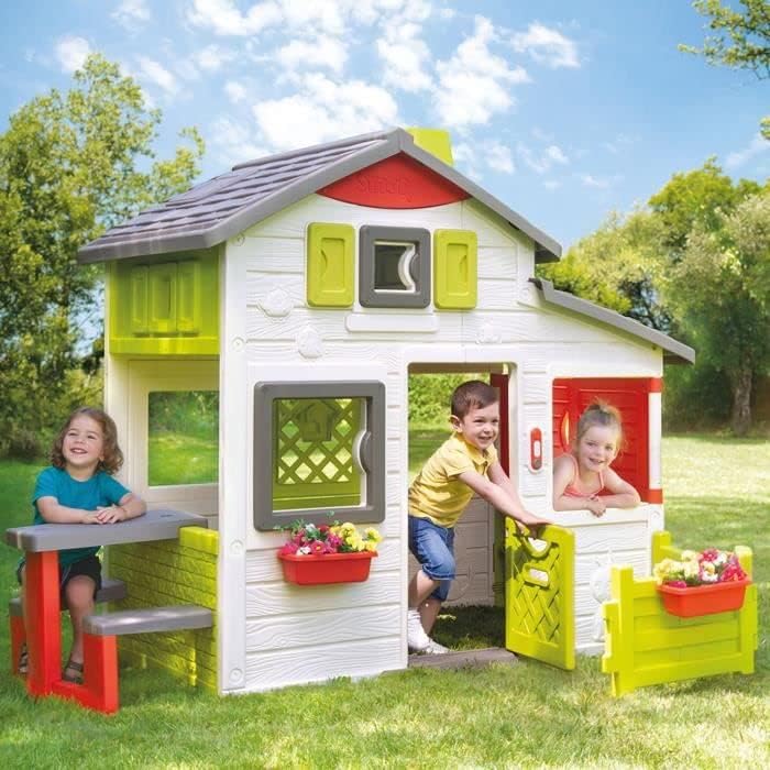 Smoby Life - Casita de juegos Friends House EVO con 2 puertas, 6 ventanas y mesa de picnic extraíble – Fabricada en material reciclado, protección UV, para niños a partir de 3 años (7600810208)