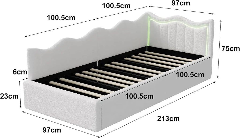 Łóżko 90x200 z hydraulicznym miejscem do przechowywania, kanapa-łóżko z oświetleniem LED, łóżko tapierowane z stelażem z listew, łóżko dziecięce 90x200 z wezgłowiem, welur Teddy, białe