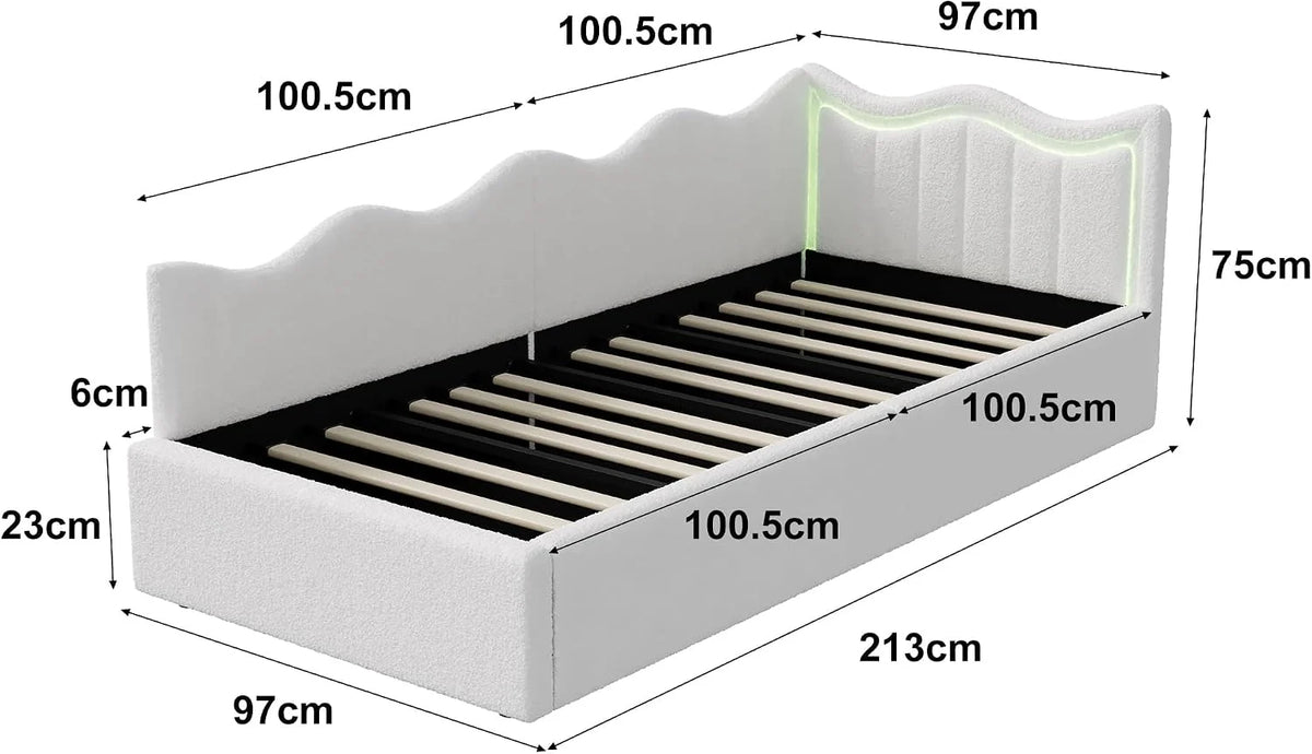 Łóżko 90x200 z hydraulicznym miejscem do przechowywania, kanapa-łóżko z oświetleniem LED, łóżko tapierowane z stelażem z listew, łóżko dziecięce 90x200 z wezgłowiem, welur Teddy, białe