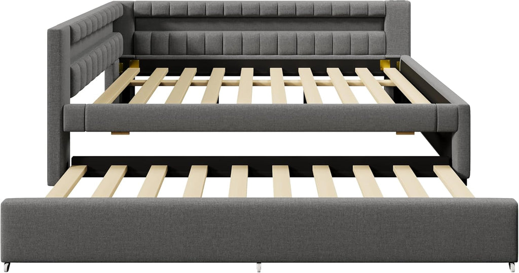Cama tapizada con sofá cama 140x200 con iluminación LED y función de carga USB tipo C, estructura de cama con cama extraíble y somier, cama doble, diván, cama de día, cama de invitados, cama juvenil, lino, sin colchón, gris