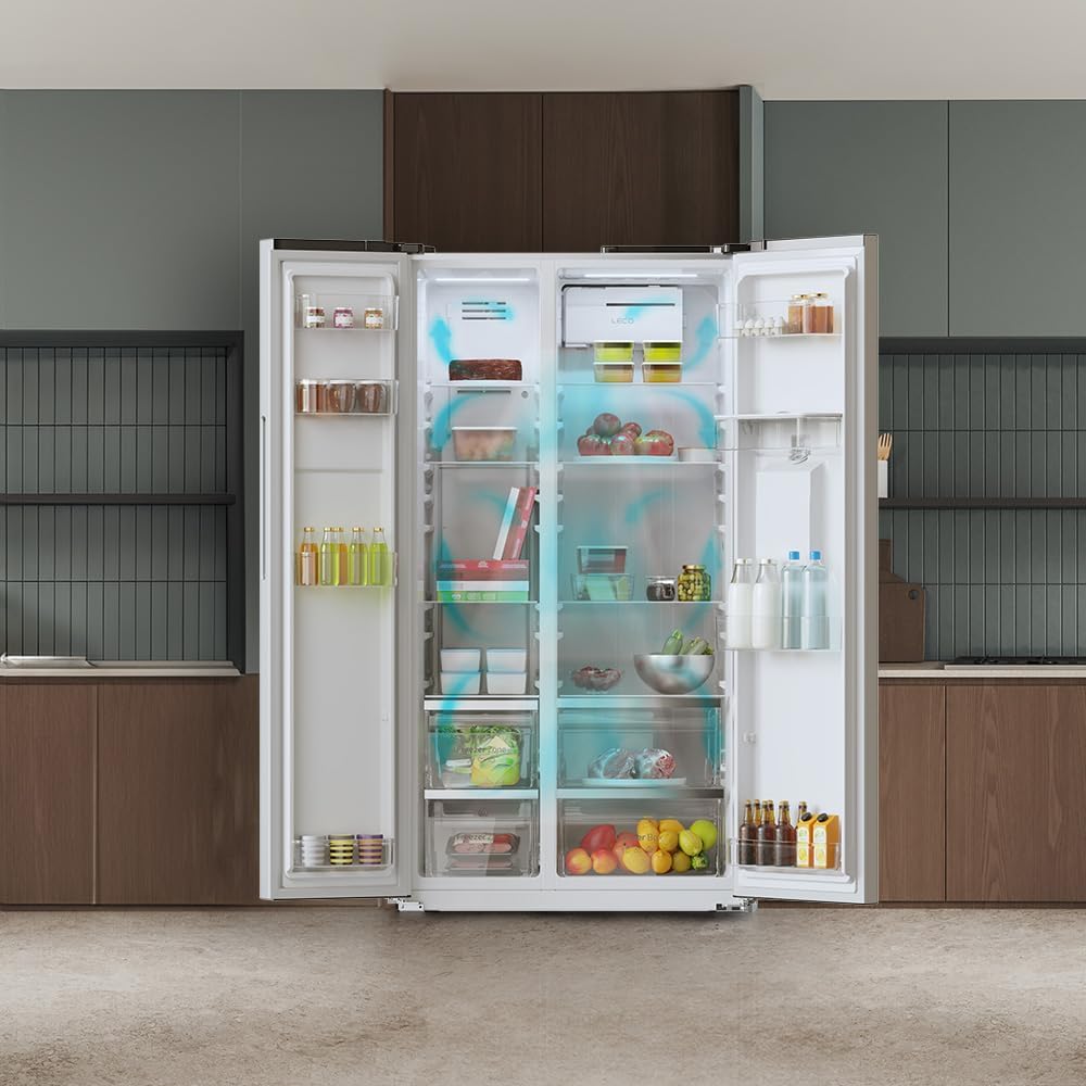 Frigorífico americano Cecotec Bolero CoolMarket SBS 559 Inox E, 559 L, 177 cm x 90 cm, Clase E, Sistema Multi Air Flow, Total No Frost, Motor Inverter Plus, Enfriamiento rápido, Modo Eco, Alarma de puerta