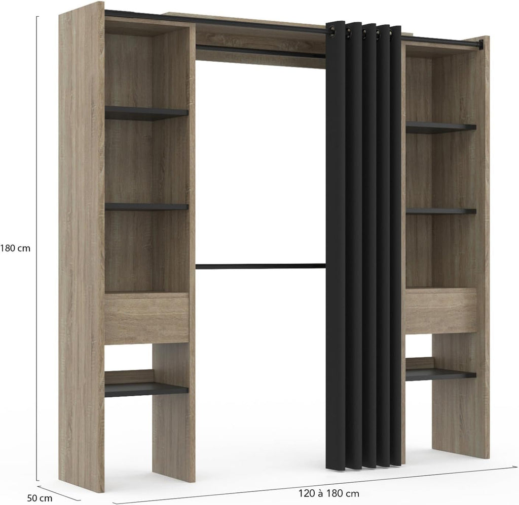 IDMarket - Vestidor extensible doble Meryl 120/180 x 50 x 180 cm haya con estantes color haya + doble barra para colgar + cortina negra