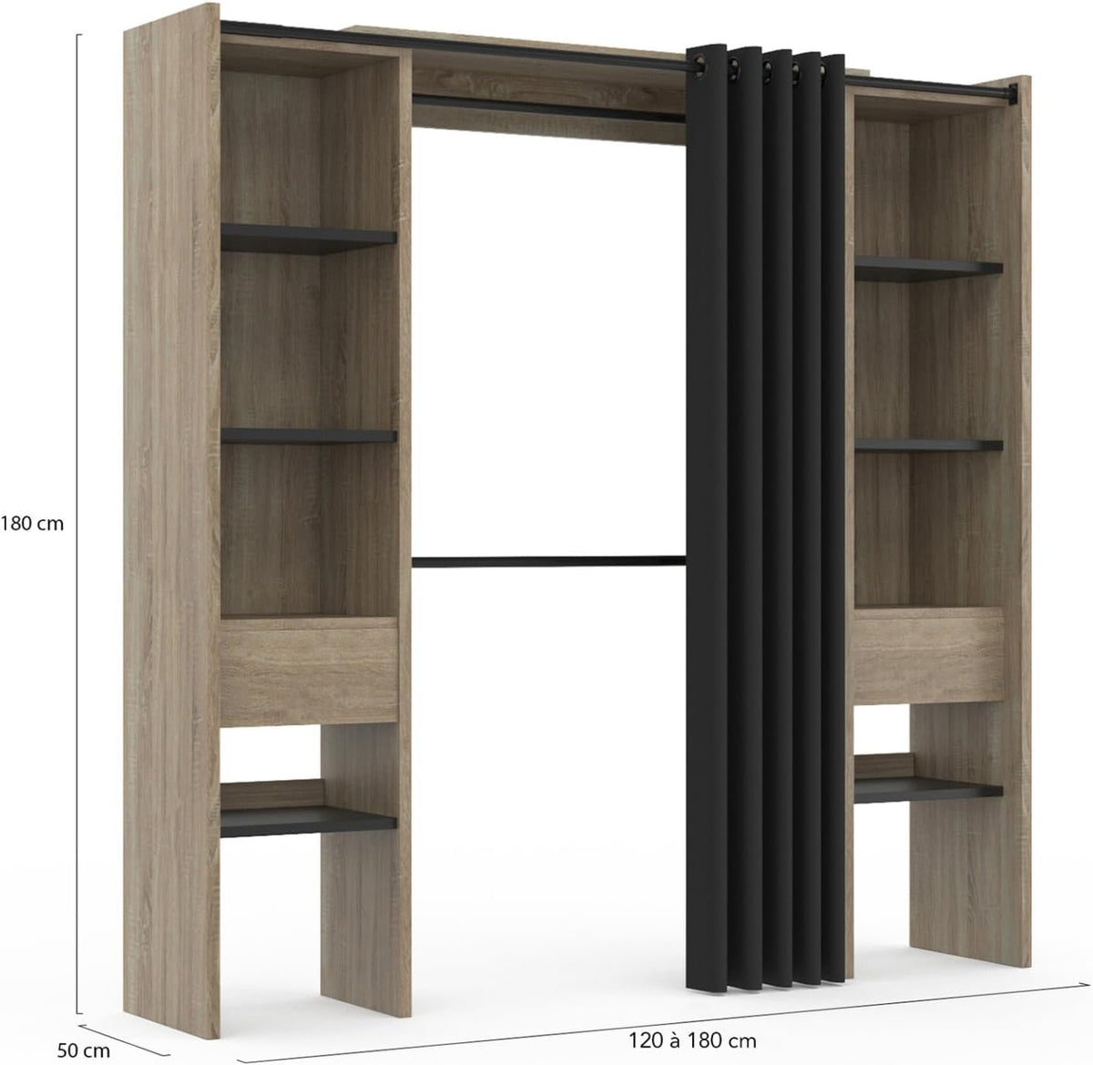 IDMarket - Vestidor extensible doble Meryl 120/180 x 50 x 180 cm haya con estantes color haya + doble barra para colgar + cortina negra
