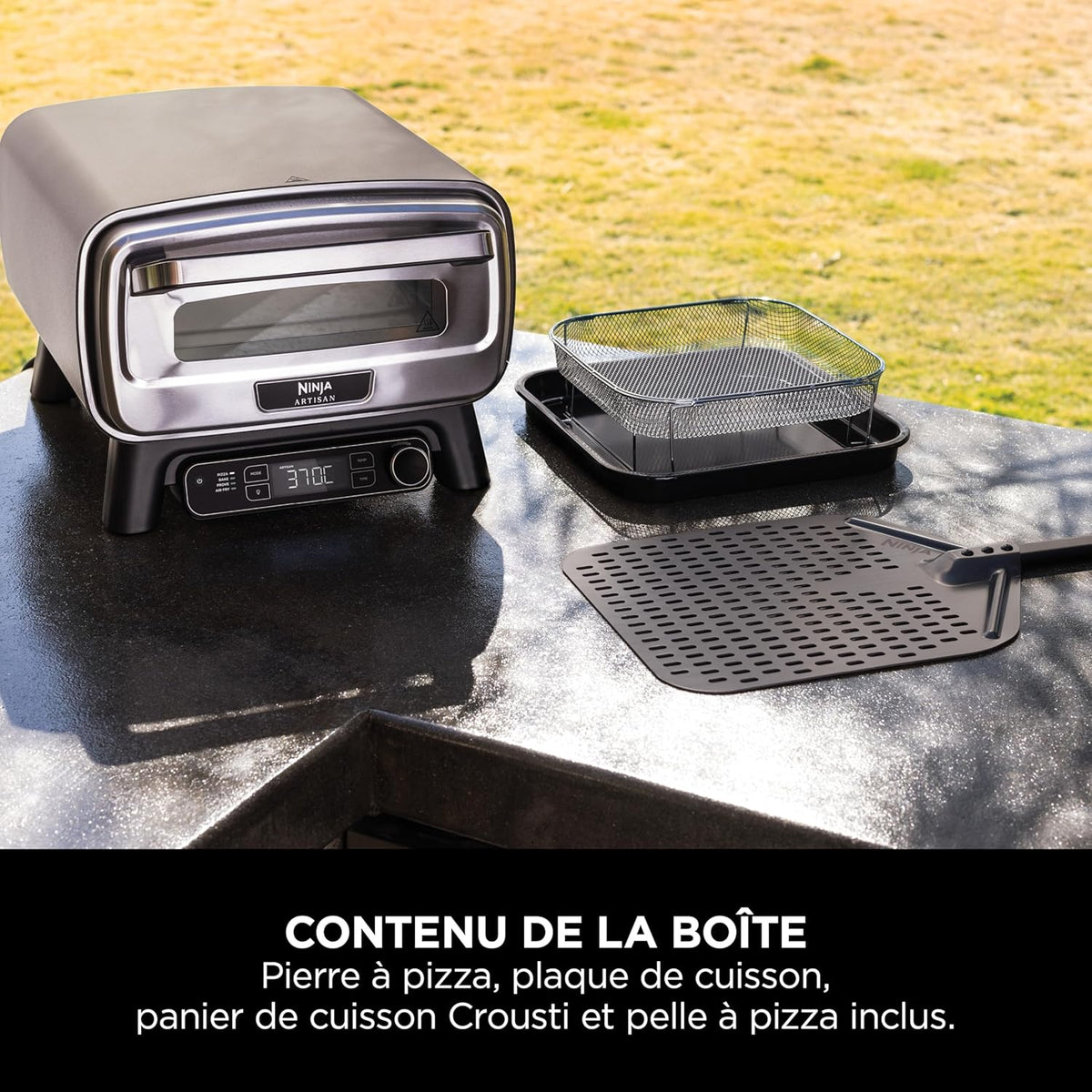 Ninja Woodfire Horno para pizza y freidora de aire eléctrica para exteriores, con 4 funciones: Pizza, Freír sin aceite, Hornear, Fermentar, Incluye piedra, pala, bandeja, cesta para freír, Gris MO201EU