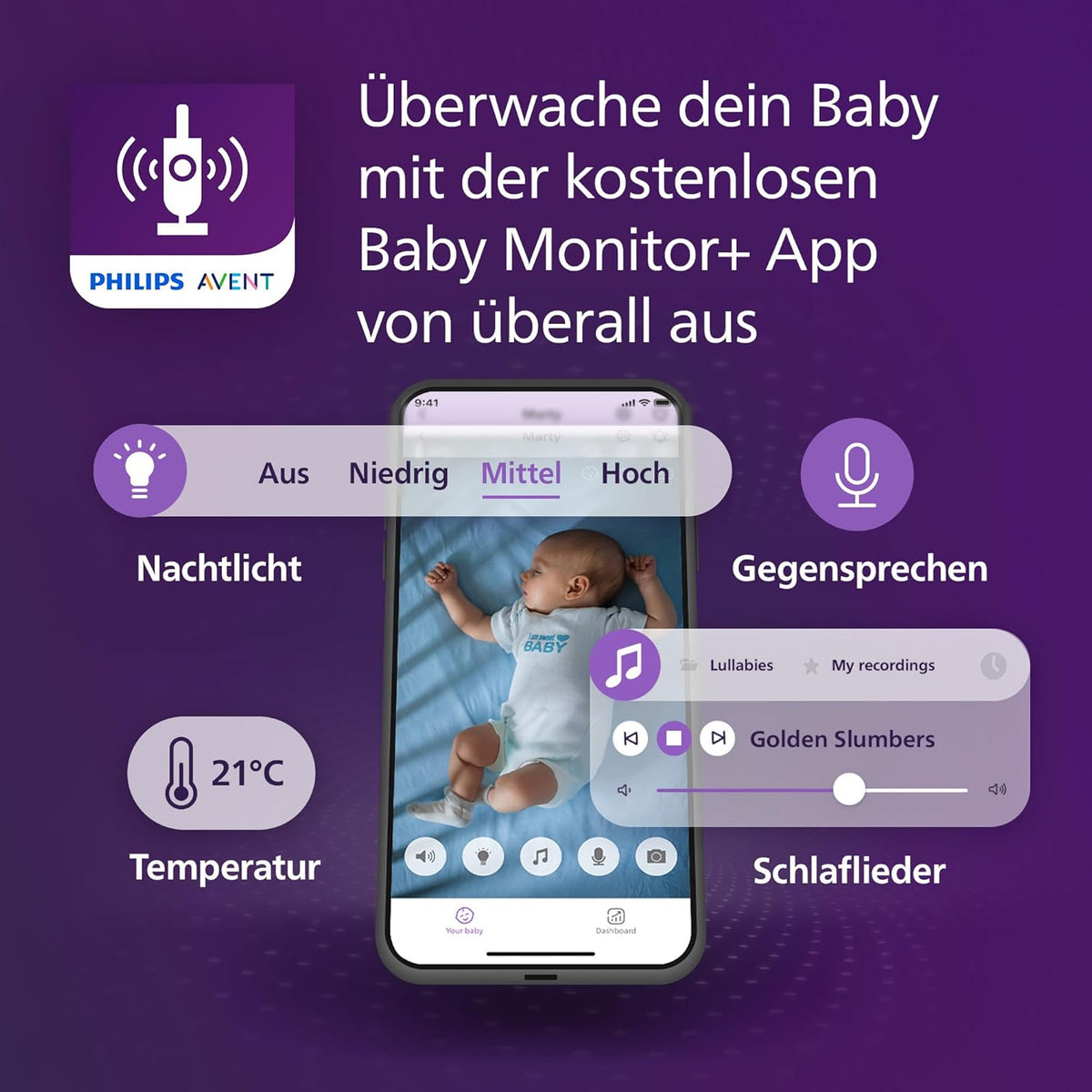 Vigilabebés con vídeo conectado PHILIPS Avent con Wi-Fi, cámara HD de alta calidad, visión nocturna por infrarrojos, detección de llanto, función de comunicación bidireccional, 12 horas de duración de la batería en modo Eco, modelo SCD951/26