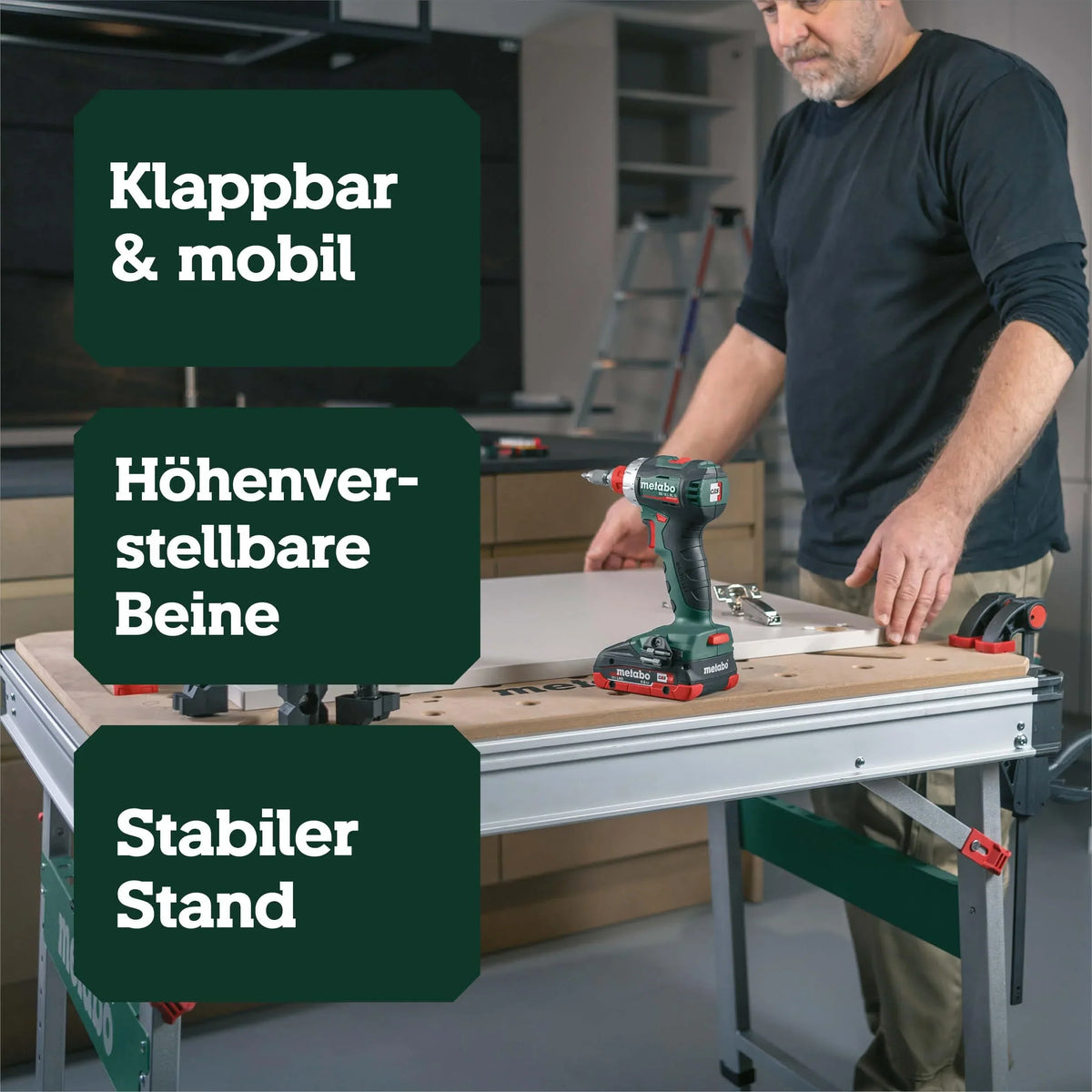 Mesa multifunción Metabo MWB 100, banco de trabajo plegable, caballete móvil, 120 kg, incl. 2 sargentos y 4 topes de banco