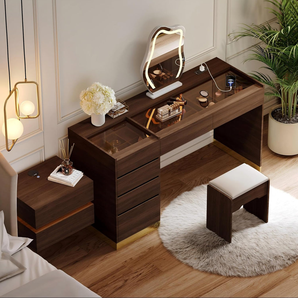 Tocador Homary con espejo, iluminación, estación de carga USB y espacio de almacenamiento, elegante tocador moderno con espejo iluminado de 3 modos y expositor de joyas integrado, nogal
