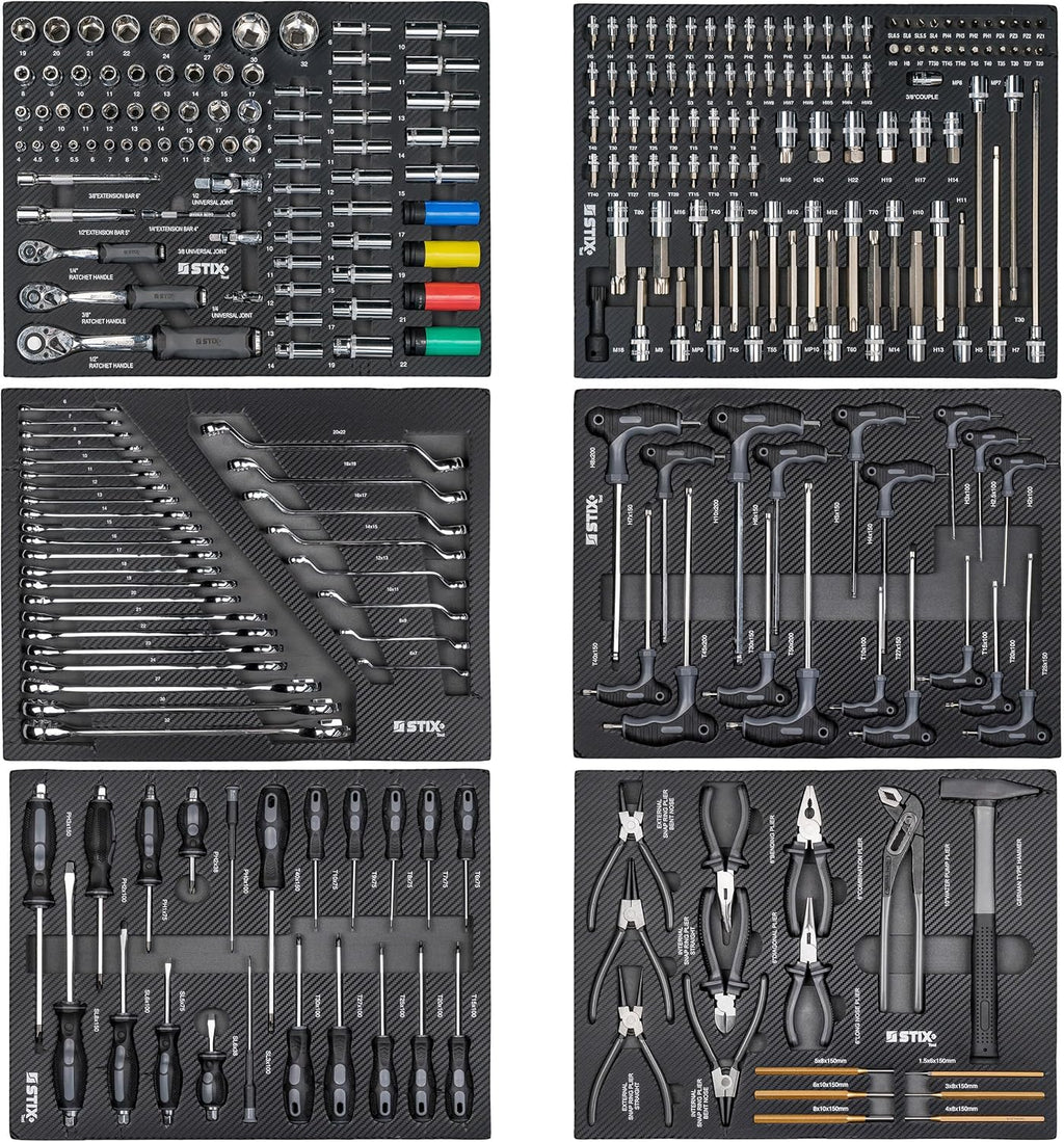 Stix UltimatePro C7/TS1 - Carro de herramientas con 267 piezas de Cr-V - Juego de herramientas, carro de herramientas con ruedas, cajones con rodamientos de bolas, encimera de madera