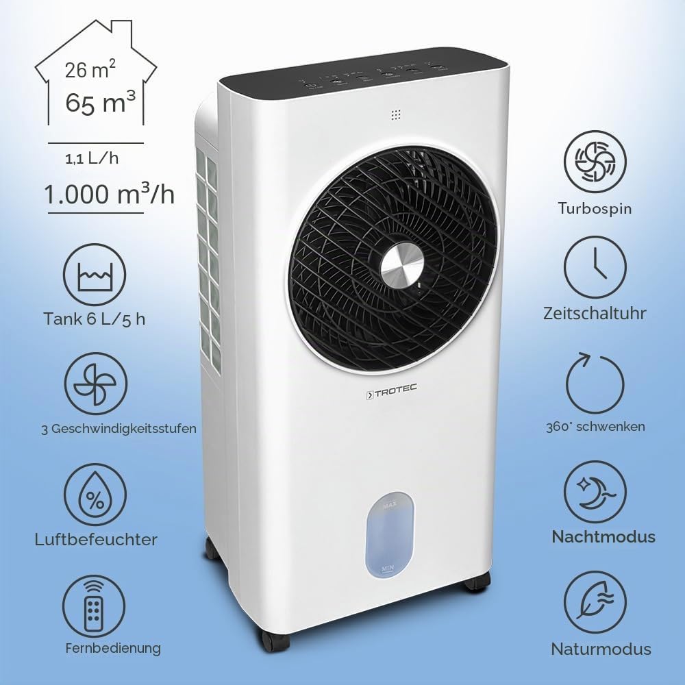 Refrigerador de aire portátil TROTEC PAE 31, climatizador 3 en 1, humidificador y ventilador, depósito de 6 l, capacidad de evaporación de 1,1 l/h, 3 niveles de ventilación, temporizador, modo nocturno