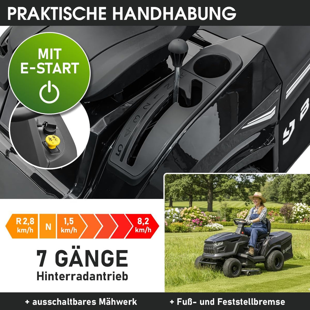 Tractor cortacésped a gasolina BRAST | 9,2 kW (12,5 CV) | Arranque eléctrico | Ancho de corte XXL de 98 cm | Función 2 en 1 | Transmisión de 7 velocidades | Cesta de recogida de 245 L | para grandes superficies de césped de 1.000-5.000 m²