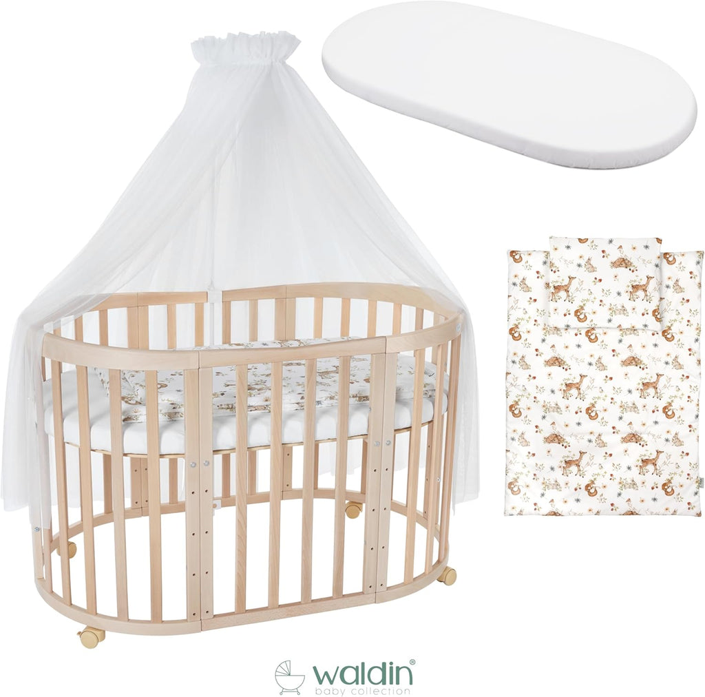 Cuna ovalada evolutiva Waldin, set completo 7 en 1, cuna de barrotes, cama infantil con colchón, cambiador, cuna colecho, madera blanca