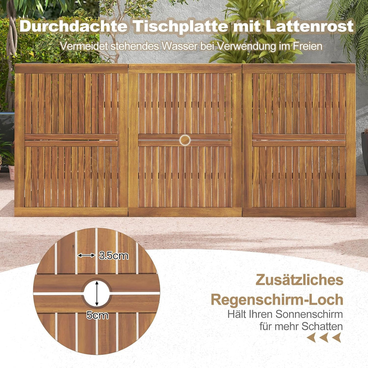 Mesa de jardín COSTWAY con orificio para sombrilla, 200x90 cm, mesa de terraza grande para 8 personas, mesa de balcón rectangular con tablero de madera de acacia, mesa de comedor al aire libre para jardín, terraza