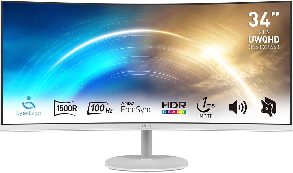 Monitor de oficina curvo MSI Pro MP341CQW 34" UWQHD - Panel VA 1500R, 3440x1440, 100Hz, confort ocular, contraste 3000:1, 21:9, altavoces integrados, DP 1.2a, HDMI 2.0b - Blanco