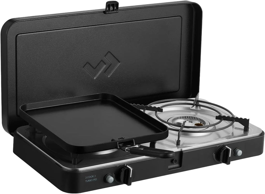 CADAC - 2 Cook 3 Turbo Deluxe y cúpula de parrilla universal - Barbacoa de gas de sobremesa con 2 quemadores y tapa de aluminio - Set de barbacoa para camping al aire libre con encendido piezoeléctrico y dispositivo de fallo de llama - 50mBar