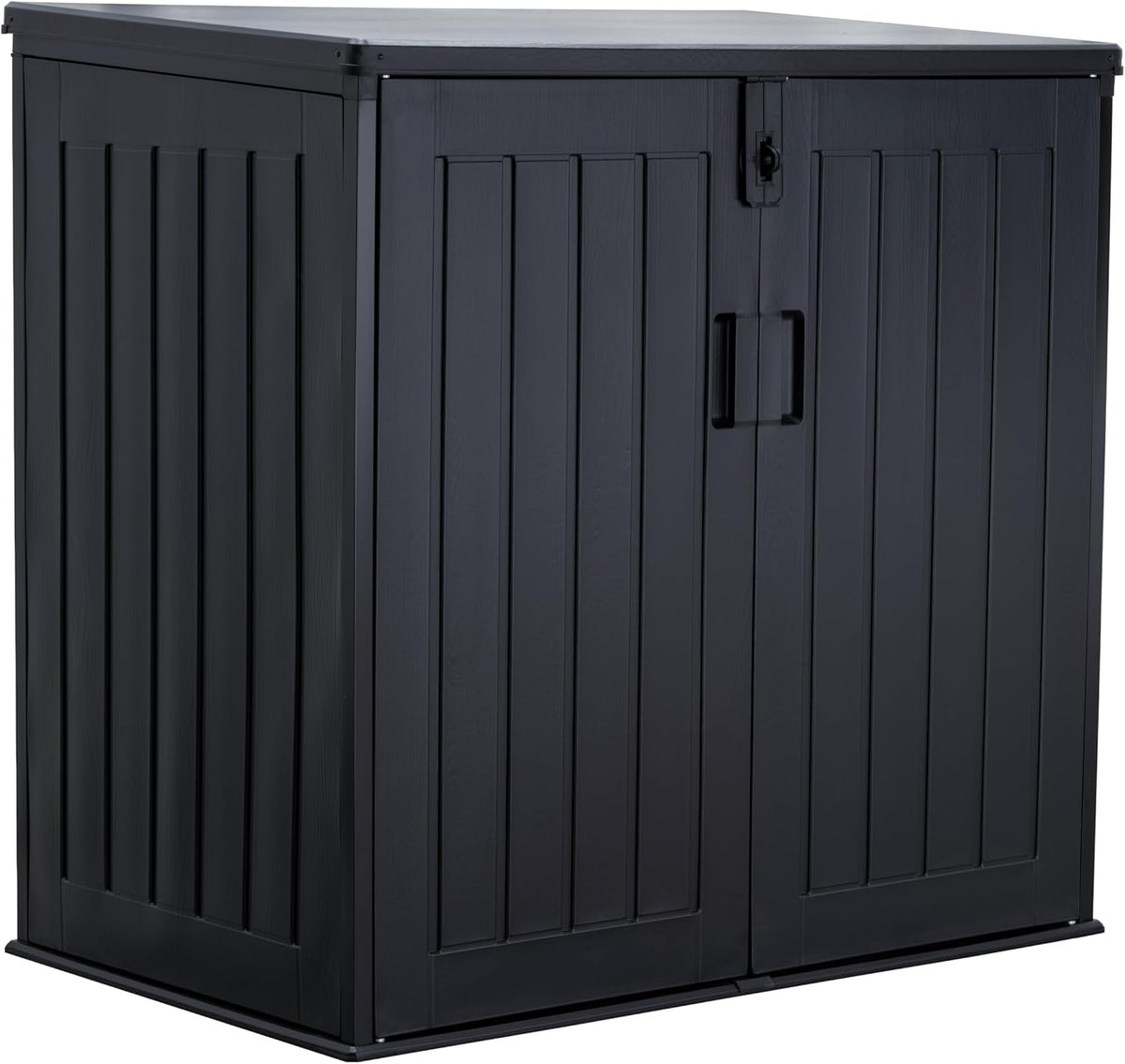 Caja para cubos de basura Koll Living Soraya de 775 litros, de plástico con aspecto de madera – bloqueable, resistente a la intemperie, resistente a los rayos UV, con amortiguadores de gas – Negro/Gris