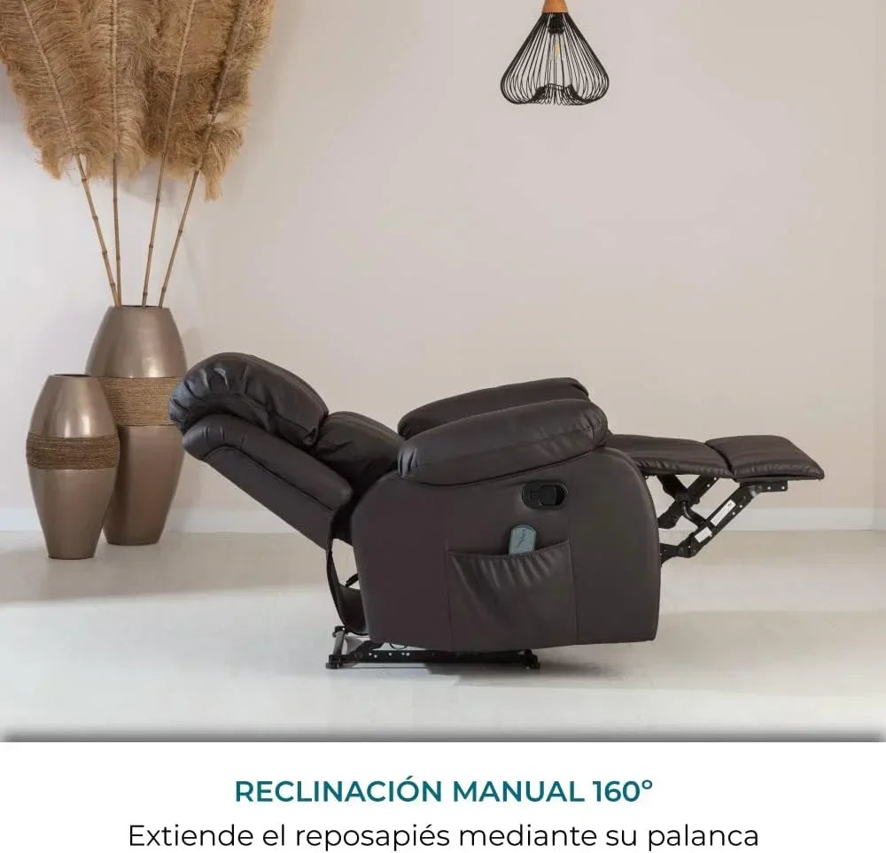 Don Descanso - Sillón Relax Masaje Calor Trevi Negro Reclinable 160º con 8 Motores Silenciosos, Calor Lumbar, Sistema de Masaje de 4 Zonas y Acabado en PU Anti-Cuarteo [Incluye Mando]. Ideal para Personas Mayores