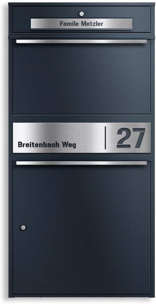 Metzler Paketbox draußen groß XXL, Briefkasten mit Paketfach in Anthrazit RAL7016, Paketbriefkasten, Standbriefkasten, Paketkasten, Personalisiert Edelstahl Namensschild Gravur, rostfrei - Bispo Max 2