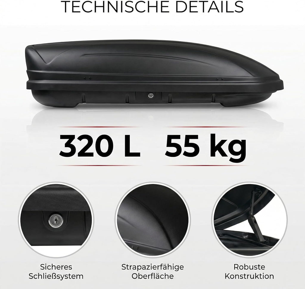 Cofre de techo VDP-MAA320 negro mate, portaequipajes de coche bloqueable, 320 litros