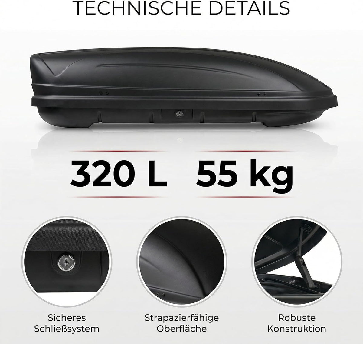 Cofre de techo VDP-MAA320 negro mate, portaequipajes de coche bloqueable, 320 litros