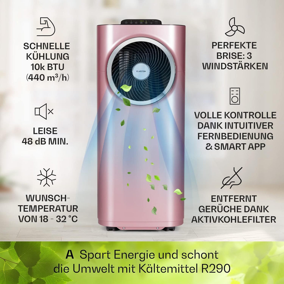 Acondicionador de aire portátil Klarstein con manguera de escape, unidad de climatización 5 en 1, ventilador, deshumidificador, purificador de aire y modo nocturno, control por aplicación, pequeño y portátil, para hogar y oficina, 12000 BTU